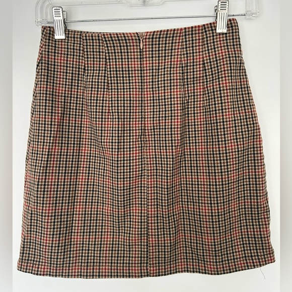 Brown Plaid Mini Skirt With Double Small Front Side Slits Size S - Picture 2 of 4